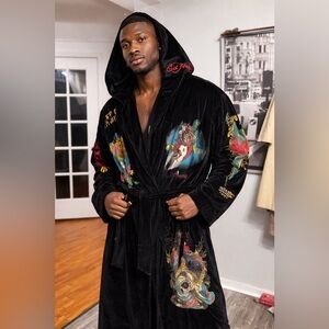 Y2K Ed Hardy Velvet Robe Coat Skull Tattoo Graphic Black S/M Luxury Streetwear